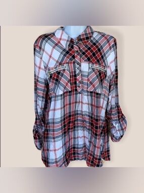 Takara plaid Top blouse Long sleeve Button 3/4 Size Large